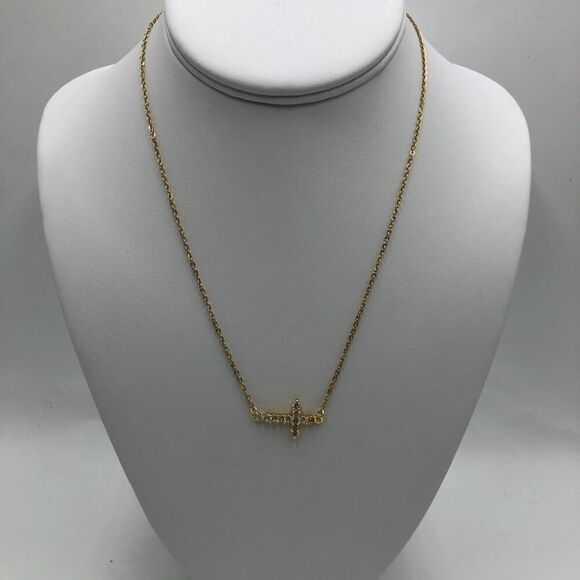 18K Gold Plated Women's Side Cross Cubic Zirconia Necklace Waterproof Jewelry - Picture 4 of 10